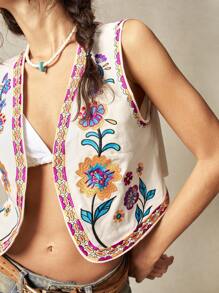 Bohemela Women's Floral Embroidered Casual Sleeveless Jacket, Suitable For Vacation