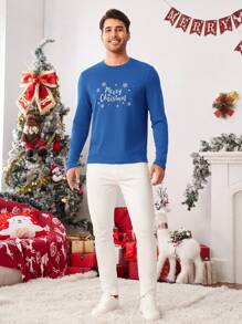 Manfinity NXTstreet Camiseta de manga larga casual de cuello redondo ajustada para hombres, adecuada para otoño, Navidad, parejas, familia, fiesta - Azul - Ver 3