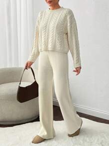 EURMUSE Women Round Neck Cable Knit Autumn/Winter Sweater And Sweater Pant 2 Two Piece Set - Cream - View 4