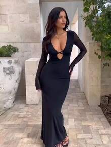 Women's Solid Color Mesh Patchwork Long Sleeve Slim Fit Dress - Black - View 5