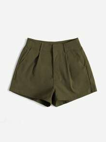 SHEIN Essnce Shorts casuales de mujer de unicolor con bolsillos y pliegues - Verde militar - Ver 3