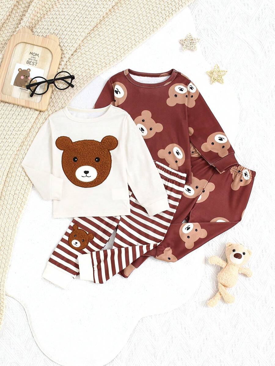 4 Stücke Neugeborenen Baby Jungen süßer Bär Stickerei & allover bedruckter Langarm Oberteil und Hose Pyjama Set