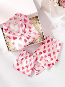 SHEIN 3 Stücke/Set Niedlicher Teenager Herzschlag Farbverlauf Muster Kurzarm Strickjacke mit lässiger Shorts/Hose Pyjama Set - Pink - Übersicht 1