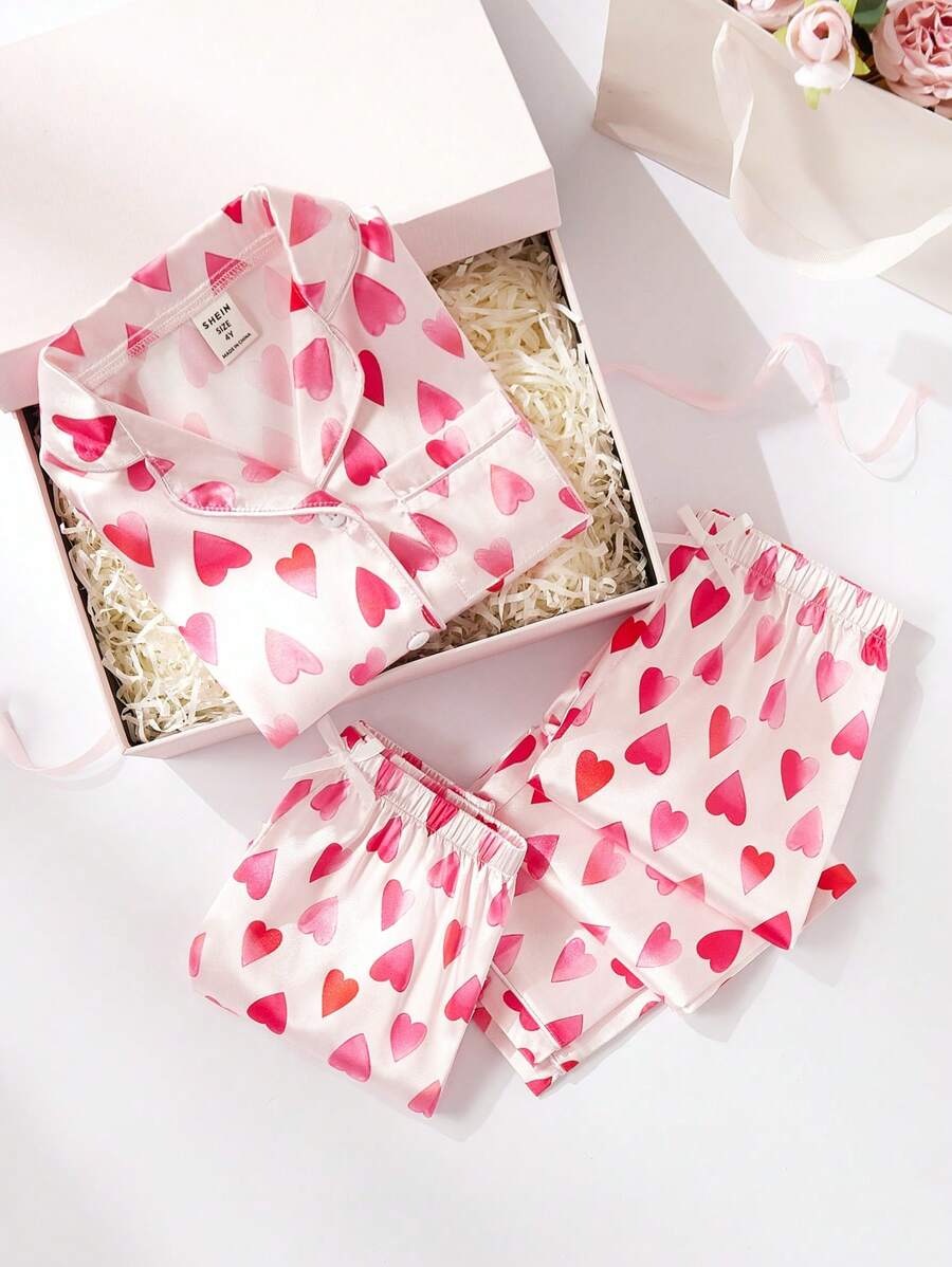 SHEIN 3 Stücke/Set Niedlicher Teenager Herzschlag Farbverlauf Muster Kurzarm Strickjacke mit lässiger Shorts/Hose Pyjama Set - Pink - Übersicht 1