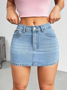 SHEIN MOD Coolmax High Waist Denim Skirt - Light Wash - View 1