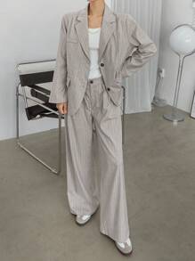 Dazy-Less 2 Pieces Loose Minimalist Striped Women Suit Business Casual Woman Work Clothes - Grey - View 6