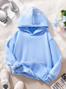 SHEIN Tween Girl 2024 Autumn/Winter New Design Back Text & Letter Embroidery Hooded Sweatshirt - Blue - View 3