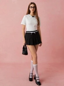 SHEIN Spring/Summer Romantic Women's White Rhinestone Embroidery Peter Pan Collar Little Bow Decor T-Shirt,Sweet&Elegant Outfit For Party And Sweet Date Night &Wedding Guest Dress Women &Holiday & Graduation Dress&Daily Commuting&Vacation&Garden Parties & Concert Outfit Women