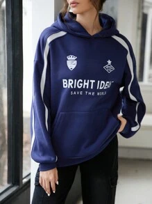 Women's Blue Long Sleeve Sweatshirt, Casual Sports Style For Back To School, Campus Fashion Pullover Fall - Blue - View 1