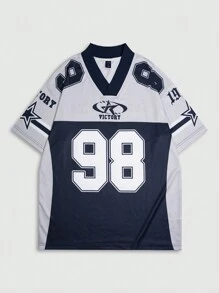 ROMWE MEN Prep 男士休闲彩色拼布数字印花短袖 T 恤