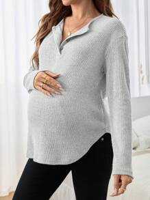 SHEIN 孕妇纯色纽扣立领长袖罗纹休闲 T 恤，秋季