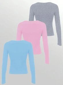 INAWLY Camiseta casual de manga larga con cuello redondo y abotonada de unicolor para mujer, otoño - Multicolor - Ver 2