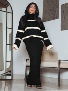 Mulvari 2pcs Women Stripe Pattern Long Sleeve Sweater And Flared Pants Set, Casual Outfit For Autumn/Winter 2 Pieces Set - Black and White - View 2