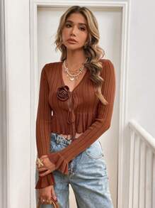 SHEIN VCAY Vacation Solid Color Long Sleeve Knitted Cardigan For Women - Brown - View 5