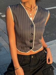 SHEIN Essnce Women Striped Vest, Contrast Trim Blazer, Business Casual - Dark Grey - View 3