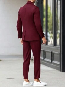 Calvornis 男士纯色前扣开合长袖口袋简约上衣和长裤西装套装 - 酒紅色 - 查看 7