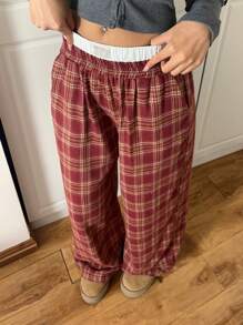 SHEIN EZwear 酒红色织布拼布阔腿宽松字母印花女裤 - 紅色 - 查看 2