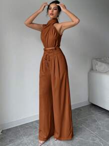 Firerie Set de 2 piezas para mujer con top de cuello alto sin mangas y pantalón de pierna ancha