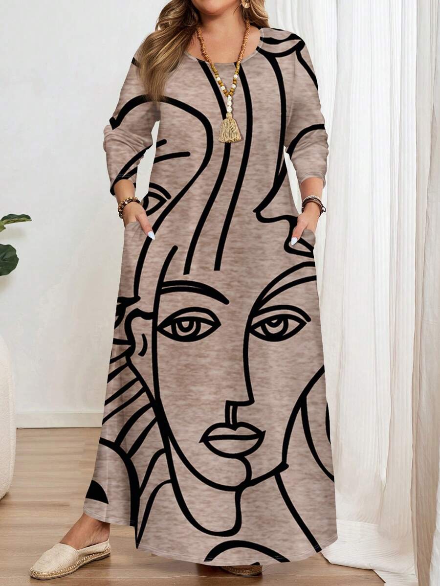EMERY ROSE Figure Line Art Print Plus Size Long Sleeve Round Neck Dress, Suitable For Autumn/Winter - Multicolor - View 1