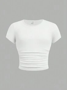 SHEIN Girlism 3 Piece Set Tween Girls Fitted Casual Solid Color Crew Neck Shirred Short Sleeve T-Shirts