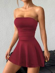 Flirla Petite Leopard Print Sexy Strapless Short Layered Cake Dress - Burgundy - View 4