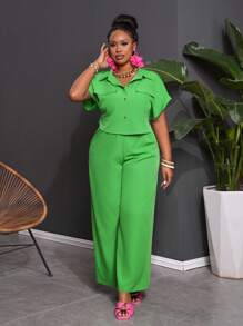 Slaydiva 2pcs Plus Size Solid Green Front Button Short Sleeve Pocket Top And Long Pants Set - Green - View 4