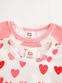 Cozy Pixies 少女四件套舒适睡衣套装，心形图案针织柔软圆领长袖上衣和松紧腰长裤