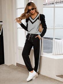 SHEIN LUNE 2pcs/Set Casual Color Block Long Sleeve Top And Long Pants Set, Autumn,Casual - Multicolor - View 3
