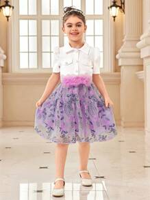 SHEIN Elegant Young Girls 2 Pieces Set:Abaya Vest Jacket Shirt Cardigan,Embroidered Illusion Mesh Overlay Dress,3D Floral Belt,7th Birthday,Summer Events - Multicolor - View 4