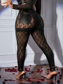 Slaydiva מכנסיים צמודים חדשים ואלגנטיים בגזרה גבוהה, מעור PU ותחרה, בגזרה שחורה לנשים - שחור - ראה 1