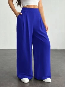 SHEIN PETITE Women's Solid Color Simple Daily Basic Pants ,Petite Women - Royal Blue - View 6