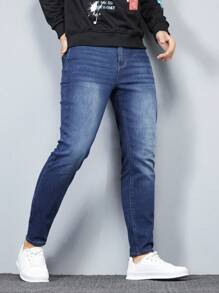 Manfinity Homme Men's Front Button Pocket Casual Denim Jeans, Everyday Wear - Dark Wash - View 8