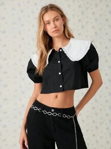SHEIN EZwear Women's Cropped Shirt One-Piece Black And White Contrast Color Peter Pan Collar - Black and White - View 1