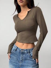 SHEIN MOOSTA Áo thun tay dài cổ tim Essential hiệu ứng giặt, Thu/Đông - Màu xanh Ô liu - Xem 1