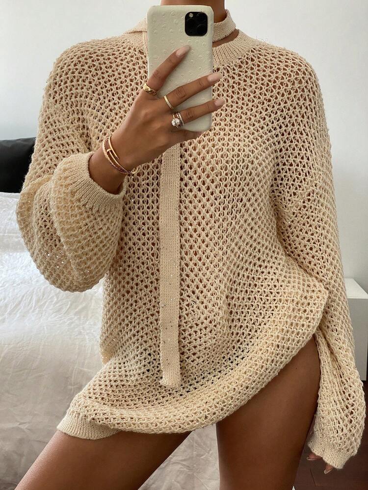 Women's Solid Color Drop Shoulder Long Sleeve Casual Loose Hollow-Out Knitted Top, Autumn/Winter Fall