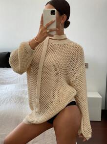 DAZY Top tricoté décontracté à manches longues, épaules tombantes, couleur unie, ample et ajouré pour femmes, automne/hiver - Nude - Voir 4