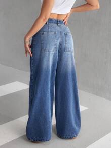 SHEIN EZwear Women's Simple Front Buttoned Jeans, Casual Daily Wear - Light Wash - View 3