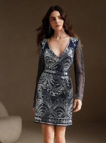 Anewsta Women's Stylish Long Sleeve Elegant Sexy Sequin Dress - Blue - View 4