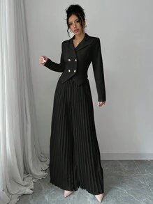 Elenzga Pleated Double-Breasted Long Sleeve Elegant Romantic Office Lady Suit Set Fall Cloth For Women - Black - View 3
