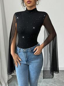 Rafferiza Sequin Contrast Mesh Sheer High Neck Bodysuit With Side Slit Fall Cloth For Women - Black - View 7