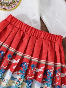 SHEIN 2 Sets Of Baby Girls 24/25 Gorgeous Blouse Embroidery Pattern + Pleated Red Skirt, Autumn And Winter Fashion Heavy Industry Hanfu