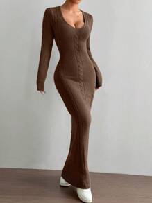 SHEIN Unity Long Casual V-Neck Versatile Sweater Dress - Chocolate Brown - View 3