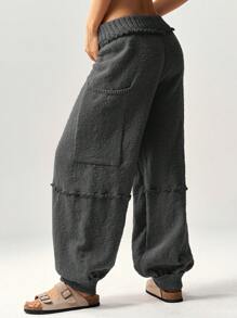 Bohemela Loose High Waisted Drawstring Hem Women's Knit Pants For Vacation In Fall/Winter - Dark Grey - View 2