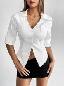 Chiquease Women Casual Solid Color Body-Fitting V-Neck Half Sleeve Blouse - White - View 5