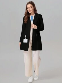 TaskEZ Women's Band Collar Long Sleeve Single Breasted Casual Lab Coat,Women's Multi-Pocket Work Uniform Coat Tops, Women's Health Examination Surgical Uniforms, Pet Grooming, Dental Masseur Clothing, Studio Fashion, Women's Work Uniforms, Nutritionist Work Clothes, Laboratory Work Clothes, Women's Tops, Multi-Pocket Functional Work Clothes, Tops With Buttons On The Collar For Easy Wearing And Taking Off, Functional Women's Clothing For Christmas, New Year And Valentine's Day, Winter And Spring Women's Clothing - Black - View 5