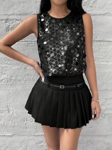 SHEIN Essnce 女士休闲时尚亮片闪亮圆领节日派对背心节日音乐节网眼透视串珠短款上衣性感亮片流苏透明网眼背心生日女士服装亮片上衣外出上衣节日服装万圣节服装黑色上衣 - 黑色 - 查看 3