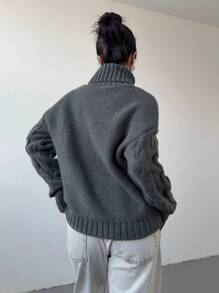 Aloruh 女士休闲优雅日常百搭灰色高领长袖粗针织毛衣，秋冬新品 - 灰色 - 查看 2