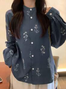 Women Blue Loose Floral Embroidered Shirt, Stand Collar, Spring,Fall Clothes Long Sleeve Top - Navy Blue - View 6