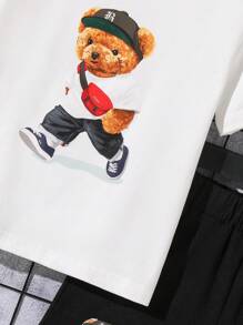 2pcs Young Boy Cartoon Bear Print Round Neck Short Sleeve T-Shirt And Shorts Casual Set