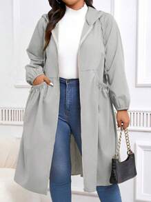 SHEIN LUNE Plus Size Solid Color Drawstring Hooded Coat, Casual Autumn